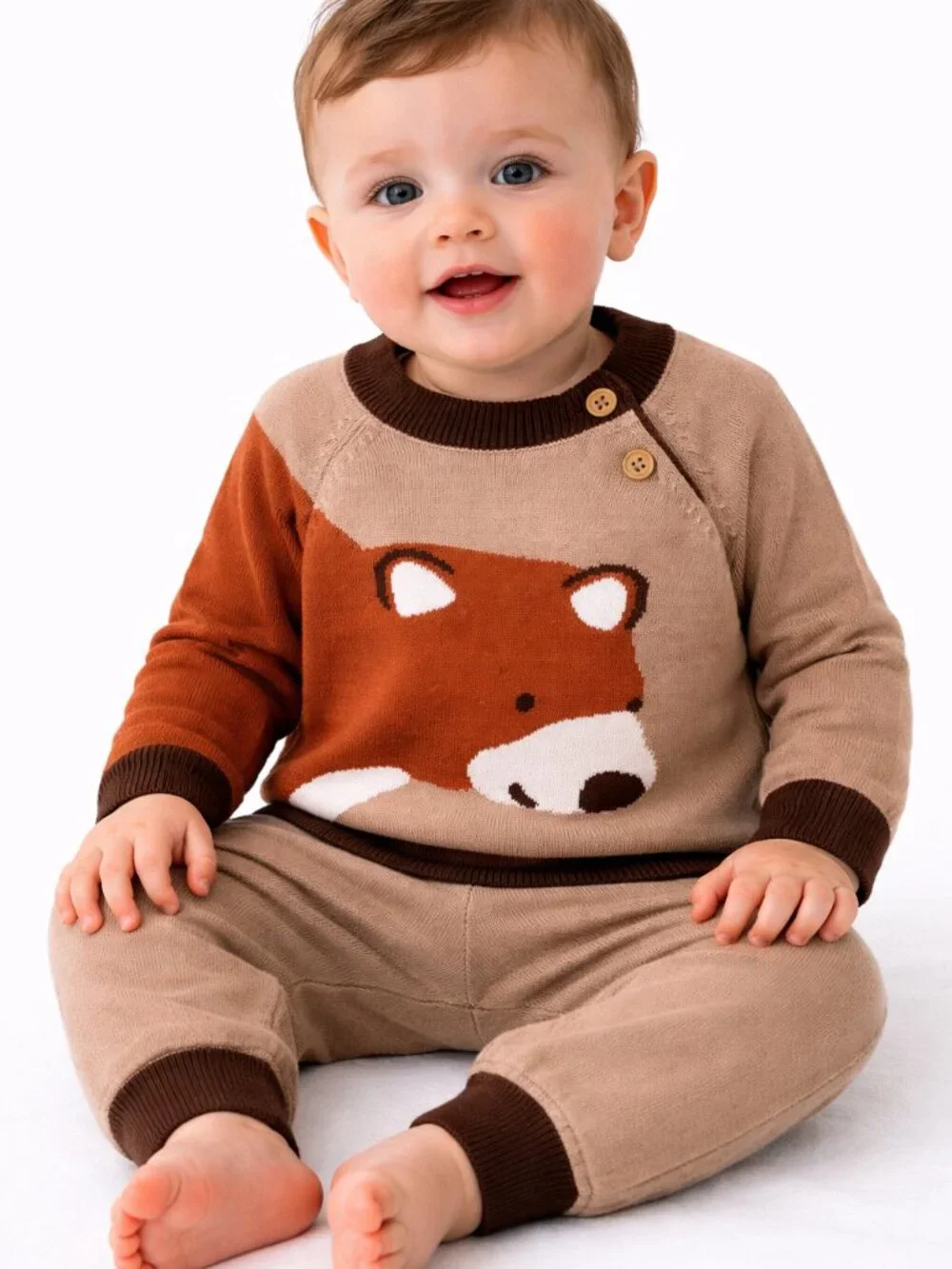 NWT Okie Dokie 12M Baby Boy 2-Piece Bear Sweater Set Knit Outfit Brown Tan - Picture 2 of 3